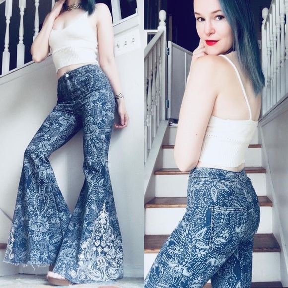 Free People Denim - Free People size 26 patterned bell bottom jeans